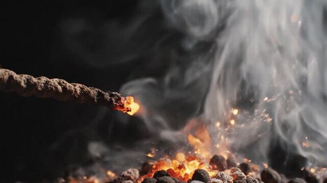 Close-up of a burning fuse igniting small particles with bright sparks