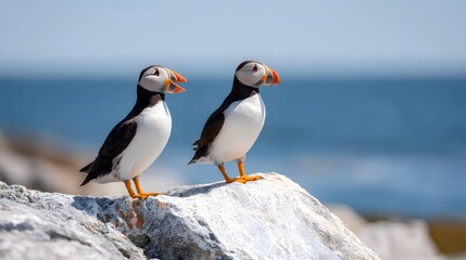 Fototapeta premium two Atlantic puffins standing on a coastal rock