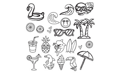 Download a fun Summer Beach Icon Pack featuring tropical, surfing, and vacation-themed vector illustrations