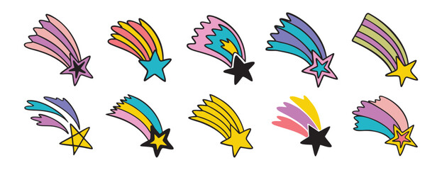 falling stars hand drawn cartoon doodle isolated on white background cartoon set. Making a wish line clipart symbol © Yanka