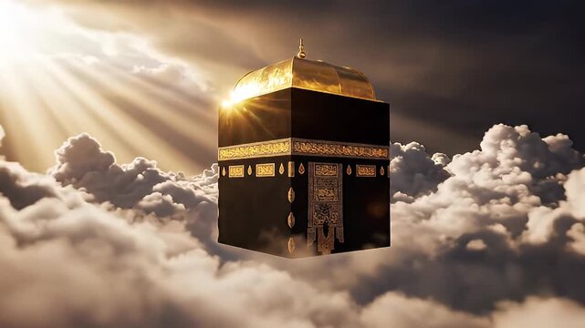 Religious representation of the Kaaba in the clouds with sun rays and a gold dome shining