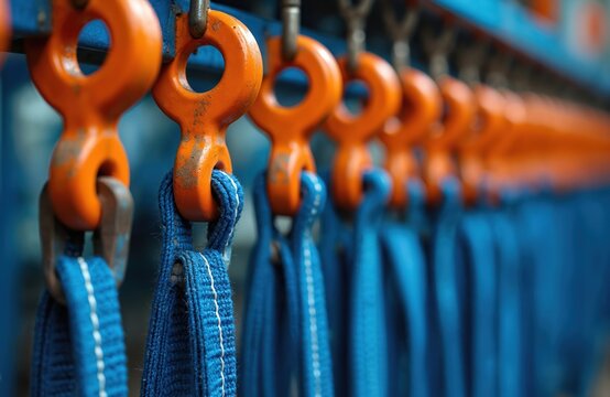 Industrial rigging equipment with blue textile straps and orange metal hooks hangs neatly on a rack. Gear is ready for lifting heavy loads in a factory or warehouse. Close view shows durability.