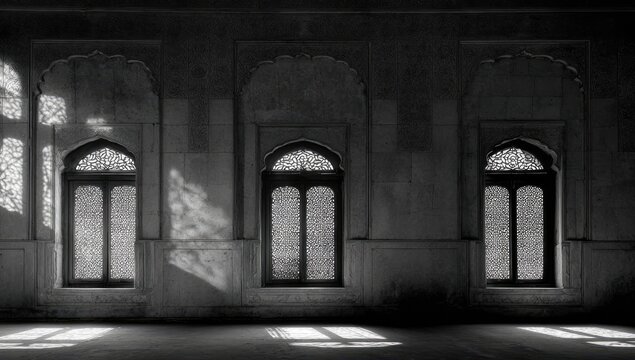 Interior view of three arched windows, light filtering through intricate tracery