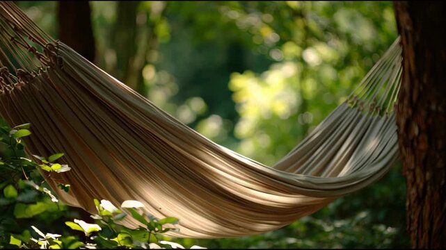 Peaceful empty hammock in a sun-drenched woodland garden