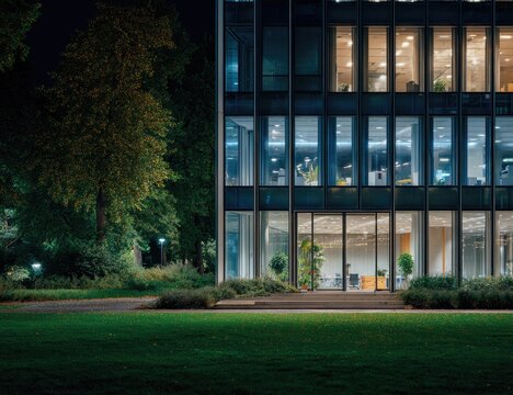 Illuminated modern office building at night with green surroundings
