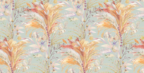 Seamless botanical summer watercolor pattern with herbs and leaves for textiles and wallpaper