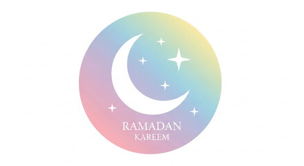 Obraz premium Ramadan kareem logo with crescent moon and stars on colorful gradient background for islamic holiday greeting
