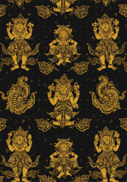 Golden illustration of traditional Balinese dancers on a textured black background, seamless pattern