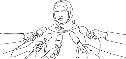 Fototapeta premium Single one line drawing interview with young Arabian girl. Digital journalism. News conference world live tv hands of journalists microphones interview. one line Icon drawing