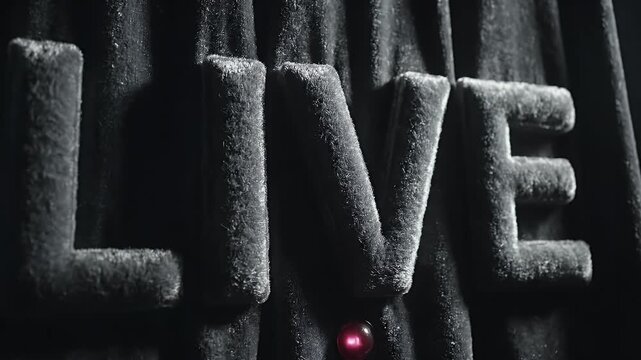 Textured, dark fabric with the word "LIVE" crafted with a soft, fuzzy texture. A glowing red light is present