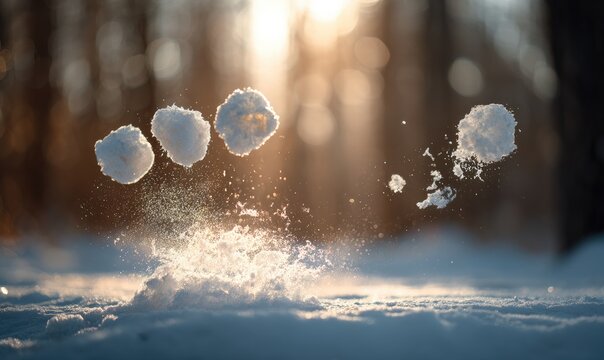 Four snowballs in mid-air above snowy ground. Backlit by a blurred sun through trees