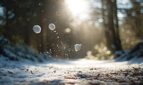 Snowy forest scene, three airborne snowballs illuminated by bright sunlight on a winter day