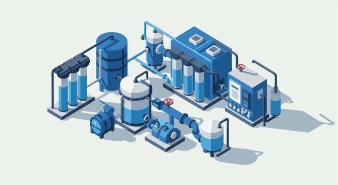 Isometric illustration of a blue and white water filtration system. Perfect for infographics, websites, or educational materials about water treatment and industrial processes.