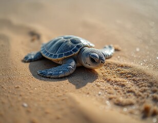 Obraz premium Baby turtle crawls on sandy beach near gentle ocean waves. Small reptile with shell moves slowly on coastline. Nature, wildlife, conservation, marine life.