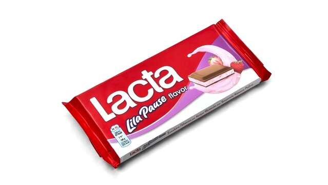 Top view of a Lacta Lila Pause strawberry chocolate bar. Lacta is a well-known Greek chocolate brand with a strong presence in Greece, Cyprus, and nearby markets.