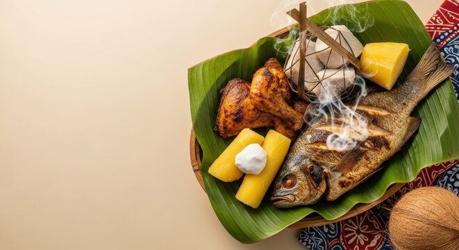 Traditional Fijian Lovo Feast: Grilled Fish, Chicken, and Taro on Banana Leaf with Rising Steam and Warm Beige Negative Space