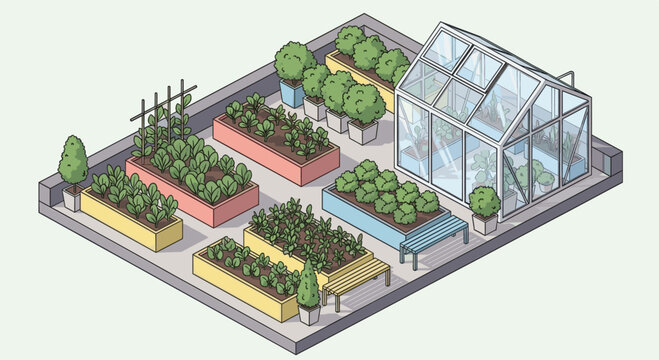 Colorful isometric illustration of a rooftop garden with raised garden beds, benches, potted plants, and a greenhouse. Ideal for illustrating urban gardening, sustainability, and green initiatives.