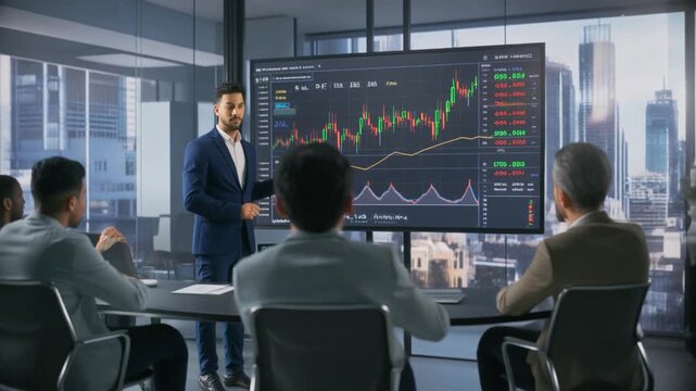 "Modern office business meeting with large windows overlooking a cityscape. A man in a suit presents financial data on a large screen to four colleagues. The screen displays complex charts with candle
