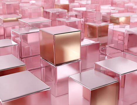 Pink and gold metallic cubes arranged in a modern geometric and reflective design