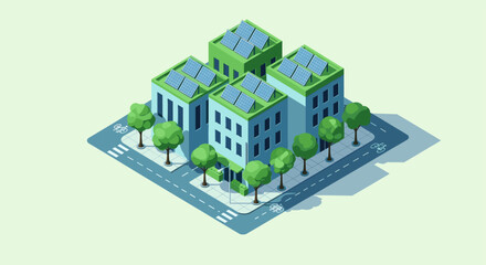 Isometric illustration of a sustainable urban environment with buildings featuring solar panels, trees, and bicycle lanes, perfect for eco-friendly concepts.