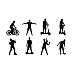 Fototapeta premium Human silhouette set performing activities with bicycle kick scooter electric board and rollerskating for urban transportation sports lifestyle and healthy eco friendly commute concept art.