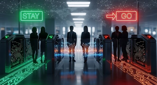People interacting with automated access control gates displaying distinct options for remaining or proceeding