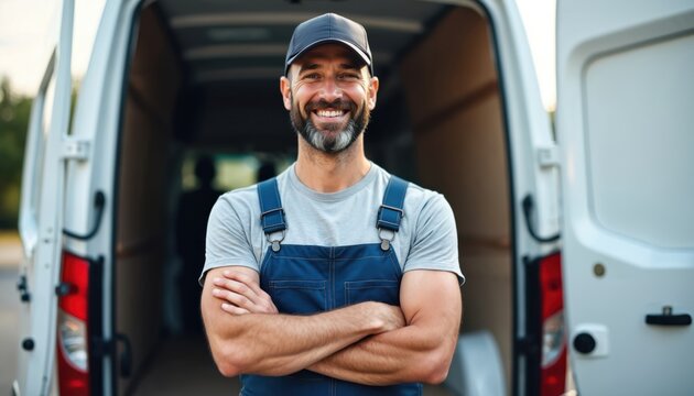 Smiling bearded man in blue overalls and cap stands arms crossed by open white van. He looks like a delivery driver or craftsman ready for work. Service vehicle with cargo space.