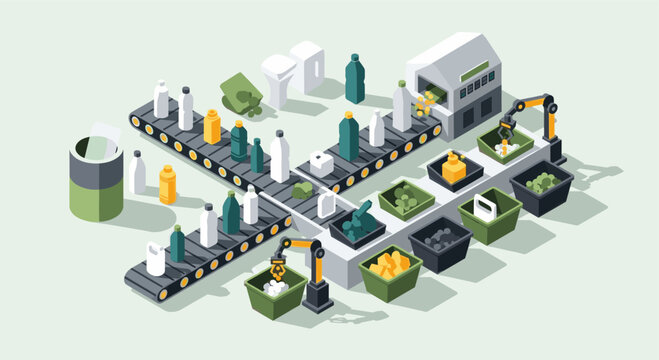 An isometric illustration of a recycling factory. Features a conveyor belt, robotic arms, workers, and waste sorting, suitable for environmental or industrial designs.
