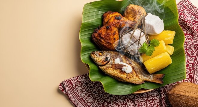 Traditional Fijian Lovo Feast: Grilled Fish, Chicken, and Taro on Banana Leaf with Rising Steam and Warm Beige Negative Space