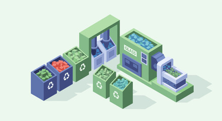 Fototapeta premium Isometric illustration of a recycling and manufacturing process with conveyor belts and machinery. Use for concepts like automation, waste management, and industrial production.