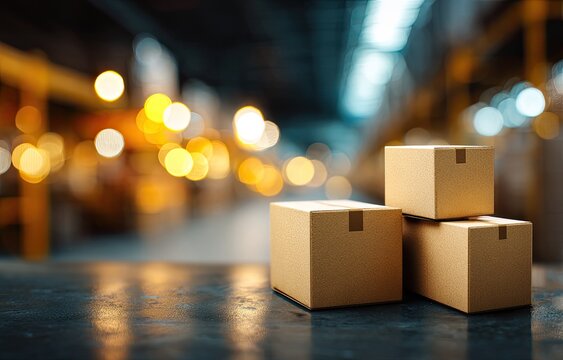 Stack of cardboard boxes on a reflective surface within a warehouse with blurred background lights
