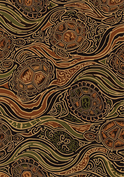 Artistic illustration of a repeating pattern featuring sea turtles swimming in an ocean current.