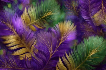 Obraz premium Vibrant purple and green feathers adorned with golden accents create a stunning, textured pattern.