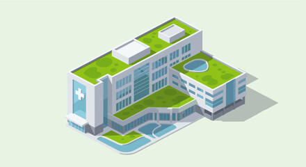 Obraz premium Modern hospital building with green roof, isometric view. Sustainable architecture, healthcare concept, eco-friendly design. Ideal for presentations, web design, or marketing materials.