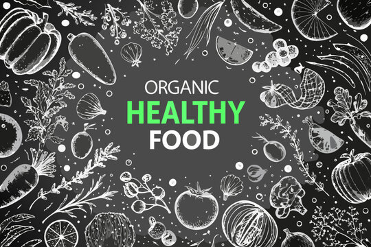 Vintage style illustration of organic healthy food sketches on black