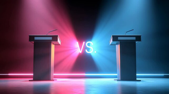 Two Debate Podiums Illuminated by Red and Blue Lights Creating a Dramatic Atmosphere for Competition