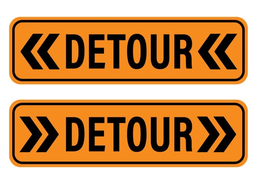 Two detour signs with  arrows on both sides of the word Detour. The first one pointing left and the other right. Orange background.
