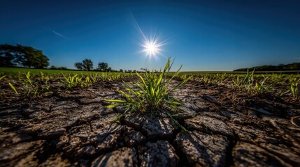 Vibrant green shoots emerge from cracked drought-stricken farmland under bright sun