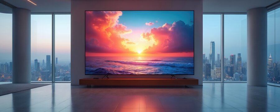 Modern office interior with large screen displaying vibrant ocean sunset scene. Cityscape viewed through floor-to-ceiling windows. High-tech display enhances contemporary space.