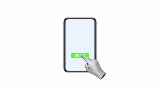 halftone hand gesture clicking the send button Green checkmark on mobile app interface, successful submission, message sent, and online forms, and app success notifications. 4k alpha channel animation