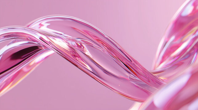 Abstract 3D render of translucent pink glass ribbons intertwined in a fluid motion, elegant flowing crystal texture on soft pink background for aesthetic design