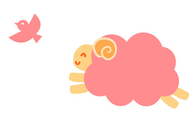 笑顔でジャンプするピンクの羊と小鳥の可愛いイラスト。ポップな動物キャラクター。2027年未年素材