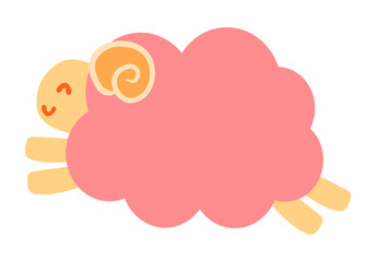 笑顔でジャンプする可愛いピンクのひつじのイラスト。ポップでシンプルな動物キャラクター。ベクター素材。