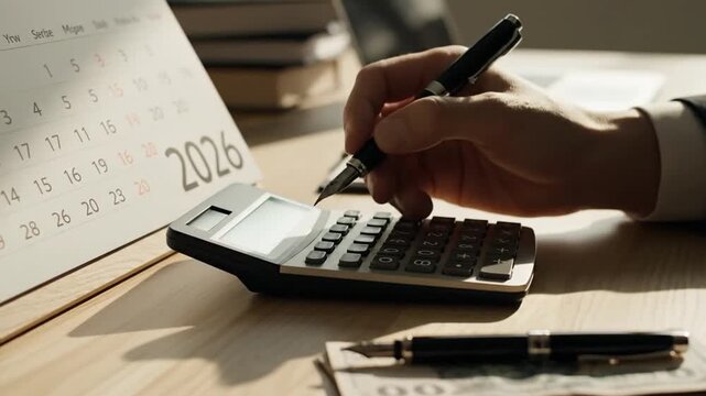 Cinematic slow motion view of a sleek minimal workspace featuring a modern calculator resting on a paper calendar marked for the year 2026 symbolizing future planning and financial growth.