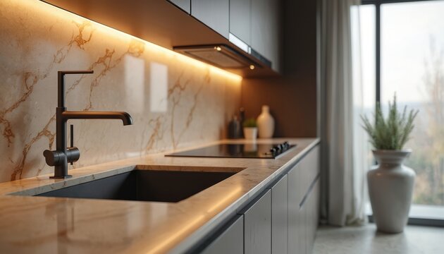 Modern kitchen interior with stone countertop and black faucet. Sleek cabinets and induction cooktop. Ambient under-cabinet lighting creates warm atmosphere, luxury design.