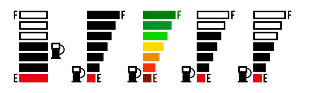 Vertical fuel gauge & battery level indicator icon set featuring various segmented meter designs with "E" for empty and "F" for full labels in black, white, and colorful gradient styles for automotive