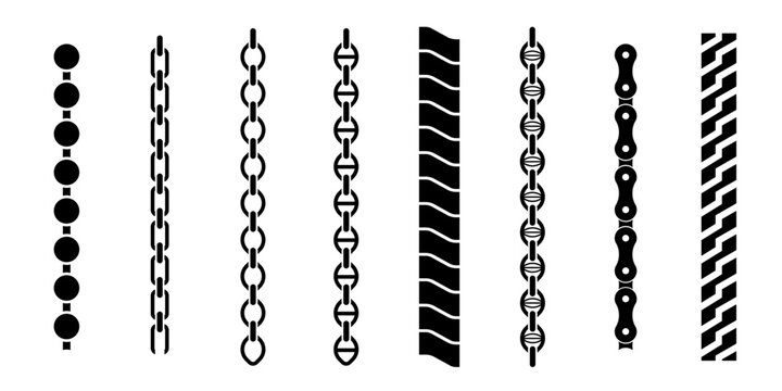 Industrial chain link and machine belt icon set featuring various metal link designs, jewelry chains, bicycle rollers, and ribbed drive belts for engineering and manufacturing concepts.