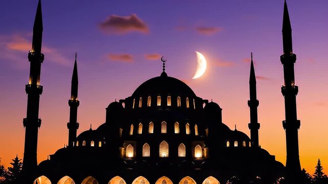 Silhouette of a mosque with minarets against a twilight sky and crescent moon