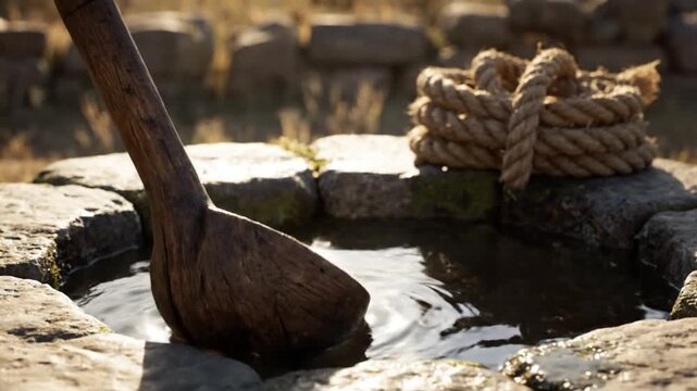 A wooden ladle dips into a stone well, reflecting sunlight on the water's surface. A coiled rope rests nearby, evoking biblical times and ancient practices.