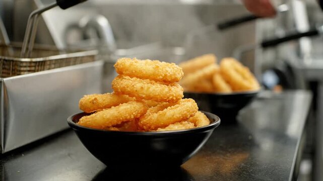 Freshly Fried Golden Onion Rings in Black Bowls on a Countertop with a Commercial Deep Fryer in the Background